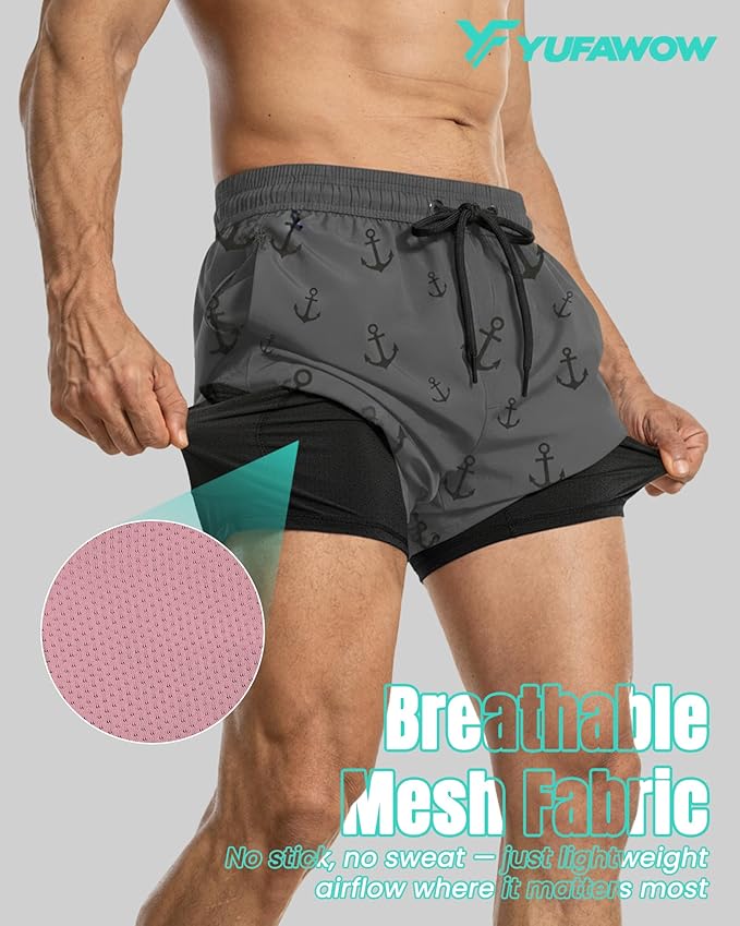 7 Inch Men Swim Trunks with Compression Breathable Liner Quick Dry Zipper Pockets for Pool Board Beach Cruise