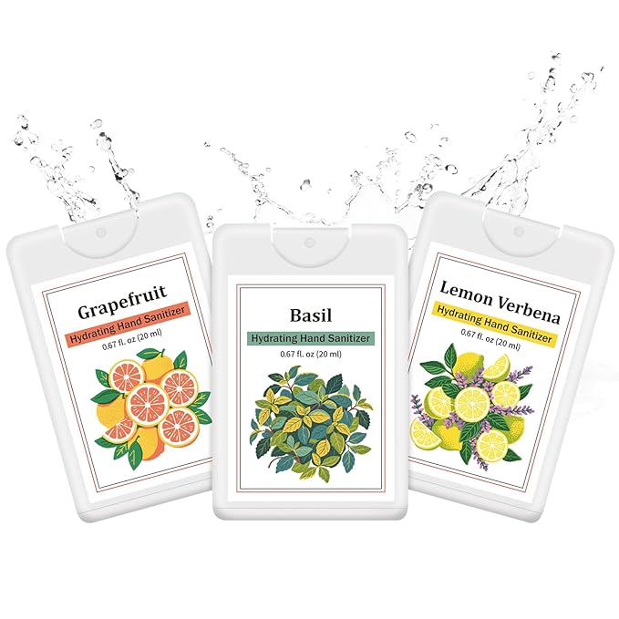 Set of 3 Power Mist Hydrating Hand Sanitizer Spray Bulk Travel Size Moisturizing Hand Sanitizer 0.67 Fl. oz Compact Card Spray Bottle Grapefruit Lemon Verbena Basil for Personal Use Friend Gift