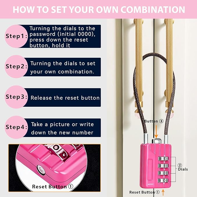 SEPOX® Resettable 4-Digit Combination Padlock, 18cm Compact Vinyl Steel Cable – Multipurpose Lock for Gym Locker, Suitcase, Mini Toolbox – Pink Gym Essentials for Women 12 Pack