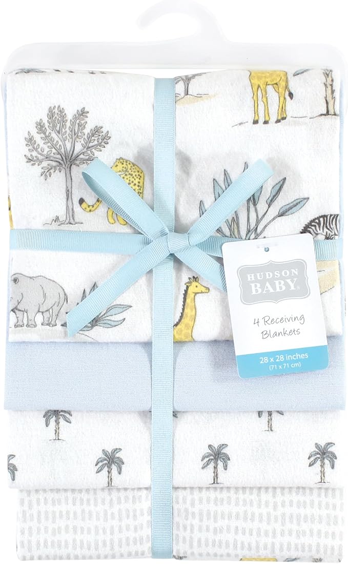 Hudson Baby Unisex Baby Cotton Flannel Receiving Blankets, Boy Safari World, One Size