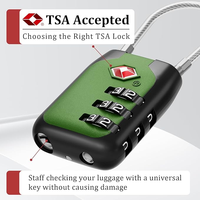 Joyway TSA Approved Luggage Lock, 3 Digit Combination Cable Lock with Alloy Body, Travel Combination Locks for Suitcases, Backpack and Golf Bag (Green, 4Pack)