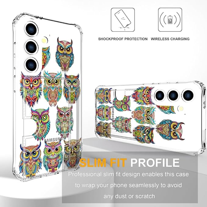 Compatible with Samsung Galaxy S24+ Plus / S25+ Plus Case Card Holder for Women Cute Design,Wallet Phone Cases Transparent Cool Kawaii Protective (Clear Colorful Owls Cartoon)
