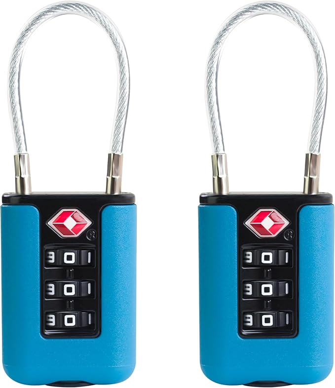 TSA Approved Luggage Locks, 3-Digit Waterproof Padlock, Combination Travel Cable Lock, Lockers, Suitcases, Toolboxes (Blue+Blue)