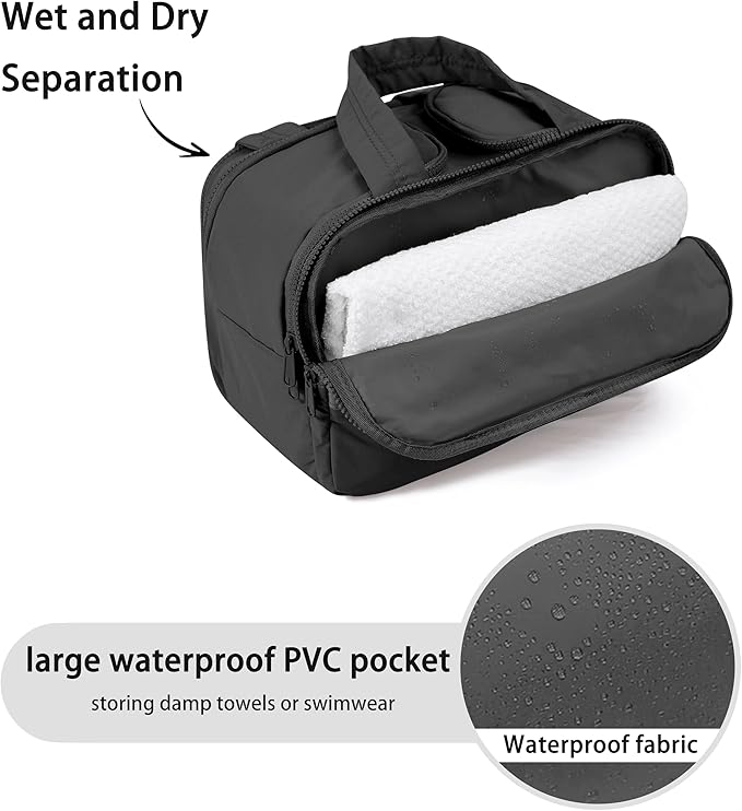 Travel Toiletry Bag for Women, Large Wide-open Puffy Cosmetic Makeup Bag with Wet-Dry Separation, Multi-Pocket Organizer with Carry Handle for Toiletries, Cosmetics, Essentials, Black