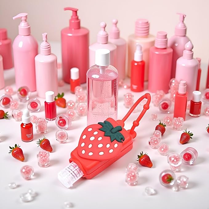 Red Strawberry Empty Travel Hand Sanitizer Bottle, Silicone Sleeve Refillable Empty Squeeze Leakproof Flip Cap Keychain, Hand Soap Holder Cosmetic Containers, Refillable Portable Travel Containers