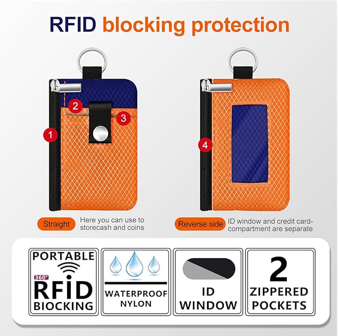 Minimalist RFID Blocking Small Wallet with ID Window,WaterResistant Zip Id Case Wallet with Lanyard Keychain for Cards,Cash,Travel,Women,Men (Orange/Sapphire Blue)
