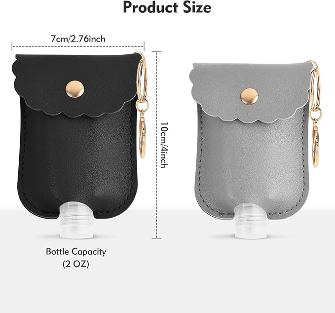 2Pcs Reusable Hand Sanitizer Holder, Portable Leather Leakproof Hand Sanitizer Keychain for Travel Outdoor (Grey+Black)