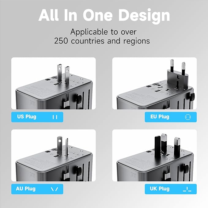 Minthouz Universal Travel Adapter, International 35W Power Adapter GaN Fast Charger with 3 USB-C PD & Cable & 1 USB-A Ports, All-in-One Portable AC Power Plug Adapter for USA EU UK AUS and More