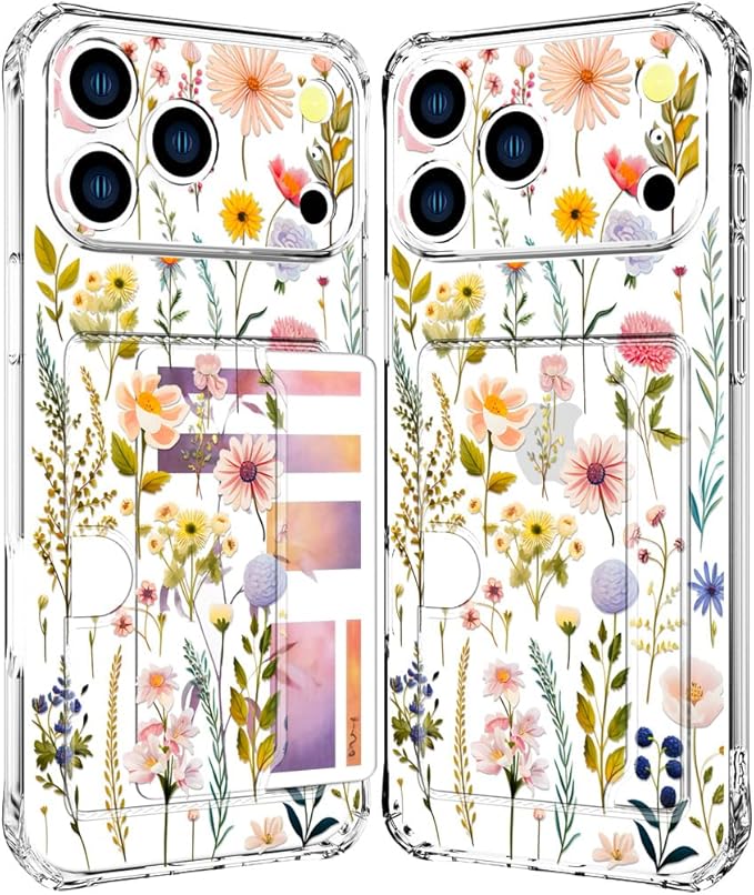 Compatible with iPhone 17 Pro Case Card Holder for Women Cute Design,Wallet Phone Cases Transparent Cool Kawaii Protective (Clear Watercolor Floral)