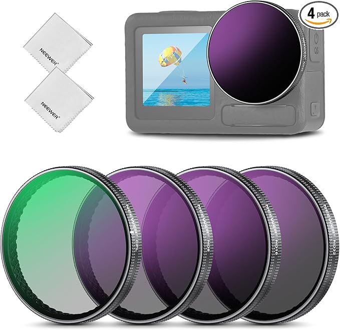 NEEWER ND Filter Set Compatible with DJI Osmo Action 5 Pro/4/3, 4 Pack Multicoated HD Optical Glass Snap On ND8/ND16/ND32/CPL Filters, Action Camera Lens Accessories with 2X Cleaning Cloth