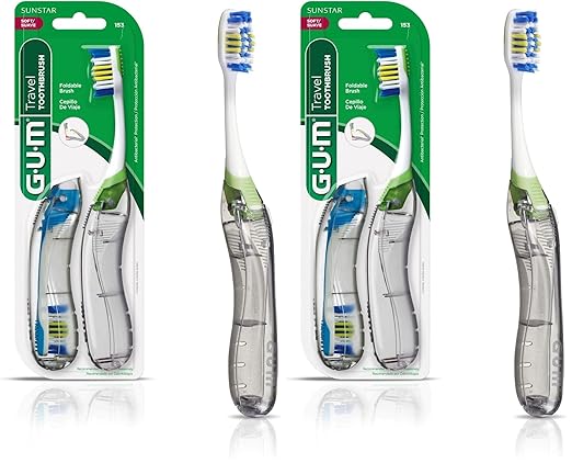 GUM Folding Travel Toothbrush, Compact Head + Tongue Cleaner, Soft Bristled Travel Toothbrushes for Adults, 2ct (Pack of 2)