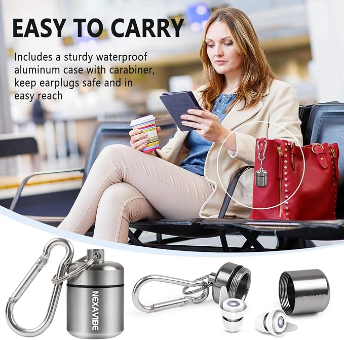 Noise Canceling Earplugs for Airplane: 27dB Reduction, Ear Pressure Relief. 2 Pairs, 3 Sizes (Kids & Adults). Reusable Silicone, Aluminum Case. Ideal for Concerts, Motorcycle, Sleeping