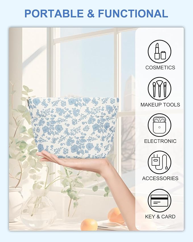 Small Makeup Bag, Portable Roomy Cosmetic Bag for Women, Floral Make Up Pouch, Mini Toiletry Bag Accessories Organizer for Trip, Office Stationery - Blue Flower