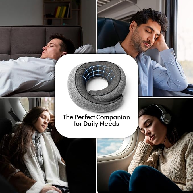 Travel Neck Pillow 100% Memory Foam, Ergonomic 360° Support Pillow for Flights, Car, Office & Train, Breathable Travel Essentials for Adults & Kids, Neck Pain Relief, (GREY)