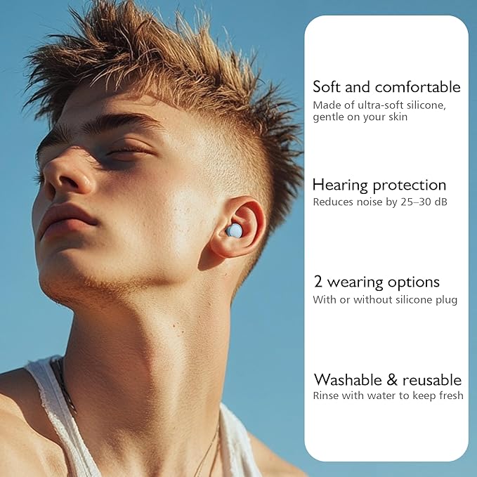 Jayine 2 Pairs Ear Plugs for Sleeping, Soft Full Silicone Ear Plugs for Noise Reduction 25dB, Reusable Hearing Protection Earplugs for Concert, Focus, Travel, 8 Ear Tips in S/M/L - Blue