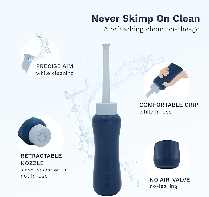 LUXE Bidet Portable Travel Bidet - 450-mL Capacity, Non-Slip, Ergonomic Bottle with Retractable Nozzle and Storage Bag