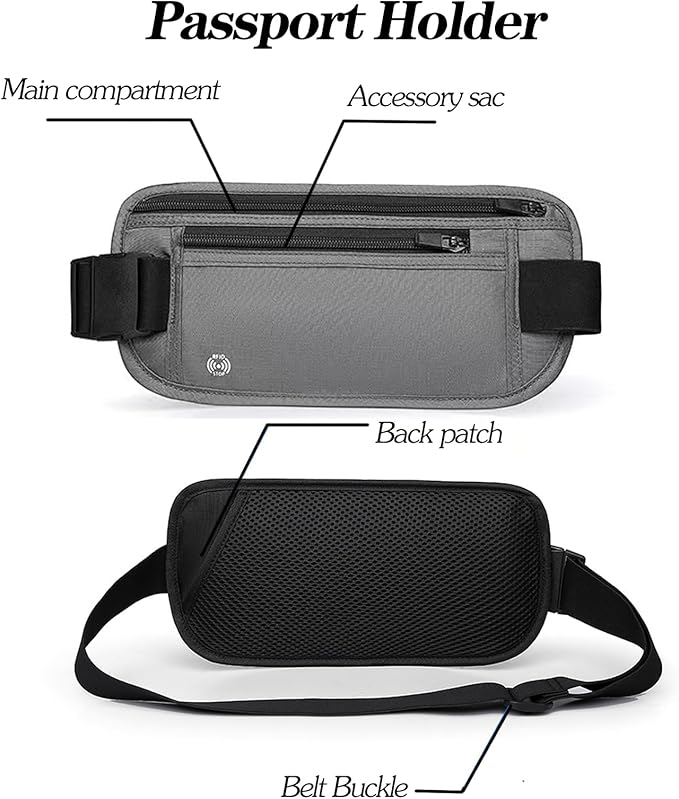 Gray Hidden Money Belt for Travel for Men, Waist Wallet Anti Theft, RFID Passport Holder For Travel Men Or Women, Money Pouch, RFID Passport Holder