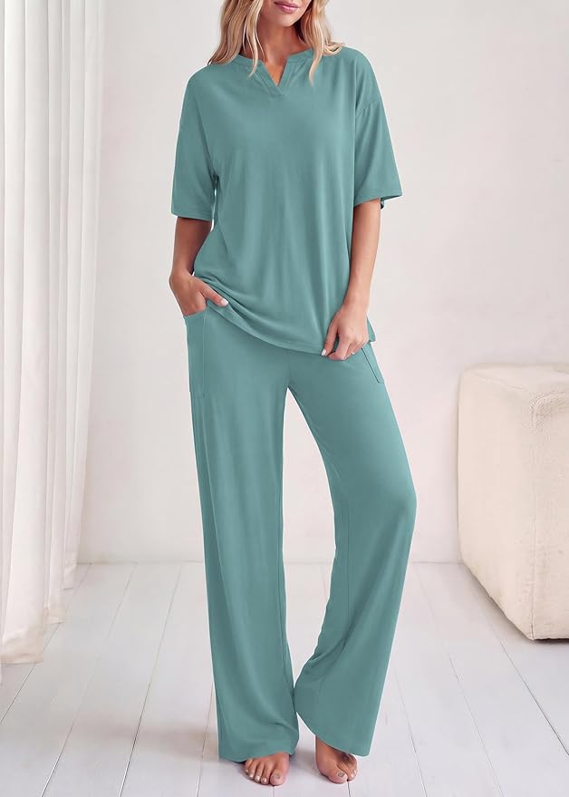 KIRUNDO Womens 2 Piece Matching Lounge Set Airport Travel Vacation Summer Outfits Oversized Short Sleeve Tops Wide Leg Pants