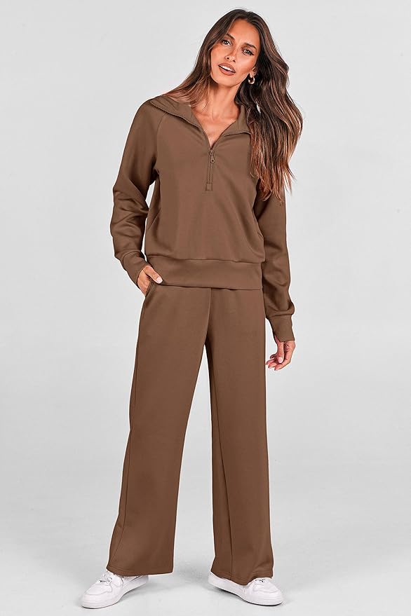 PRETTYGARDEN Women's 2 Piece Outfits Casual Lapel Half Zip Sweatshirts and Wide Leg Pants Tracksuit Sets