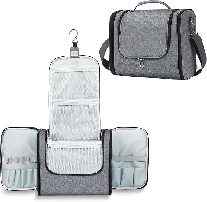 Buruis Extra Large Toiletry Bag for Women and Men, Hanging Travel Bag with Detachable Shoulder Strap for Full-Sized Toiletries, Water-Resistant Dopp Kit for Family Use and Long Trips, Oxford Gray