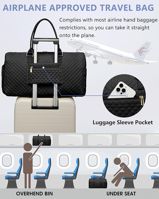 FOCDOD Travel Duffle Bag for Women - Weekender Bags with Shoe Compartment Large Carry on Overnight Tote Bag with Toiletry Bag Traveling Yoga Gym Bags with Wet Pocket Mommy Hospital Bag Black