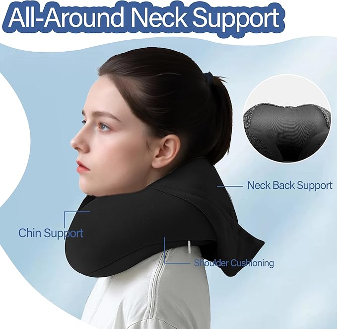 Travel Neck Pillow with Hood Memory Foam Sleeping Airplane Pillows Long Flight Neck Support Plane Essentials Grey