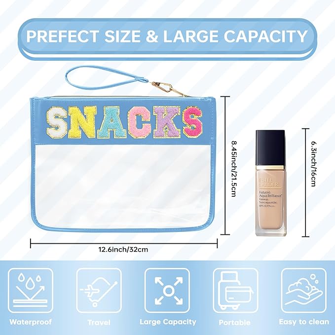 Siwara Snack Bags Clear Pouch Travel Makeup Bag Chenille Letter Bags for Zipper Pouch Clear Cosmetic Bag Clearly Tote Bag Makeup Travel Bags for Women