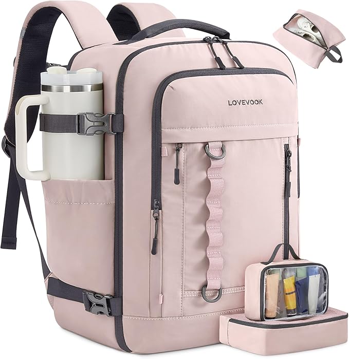 LOVEVOOK 50L Travel Backpack for Men Women, Waterproof Carry On Backpack for Work & Travel, Flight Approved Personal Item with 3 Packing Cubes,TSA Bag Fits 17.3" Laptop,Light pink