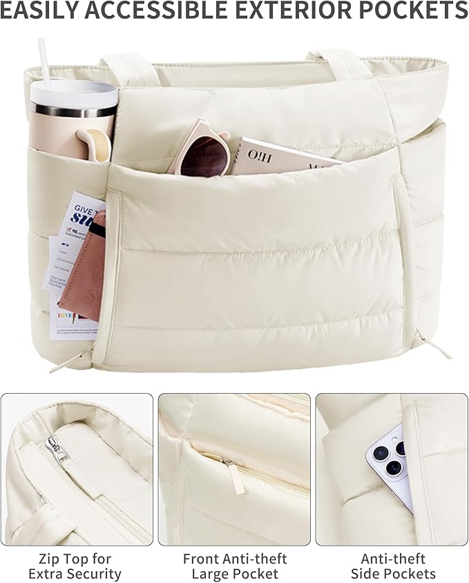 Bagstellar Puffer Tote Bag for Women, Lightweight Puffy Work Handbag Teacher Nurse Quilted Shoulder Bag for School Travel Gym | Cloud Bag w/ Zipper, Daily College Bags, 15.6" Computer Bag, Clinical Nursing Bag, 40 OZ Tumbler Holder, Ideal Gift for Women