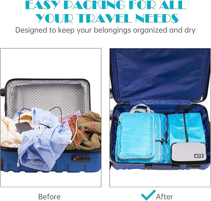 NiHome Compression Packing Cube 6PCS Set Expandable Travel Bag Luggage Organizers Electronic Cable Cord Charger Organizer Drawstring Bag for Trip Home Storage Travel Gear Accessories (Blue/Black/Grey)