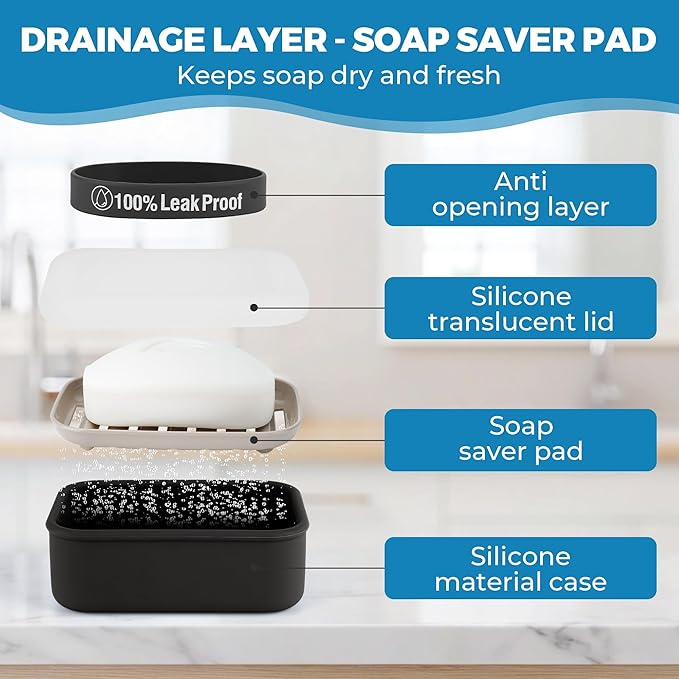 Compact Leakproof Travel Soap Case with Lid & Silicone Strap - Portable Draining Soap Bar Holder for Gym, Bathroom, Camping - Lightweight Silicone Soap Dish Container (Black)