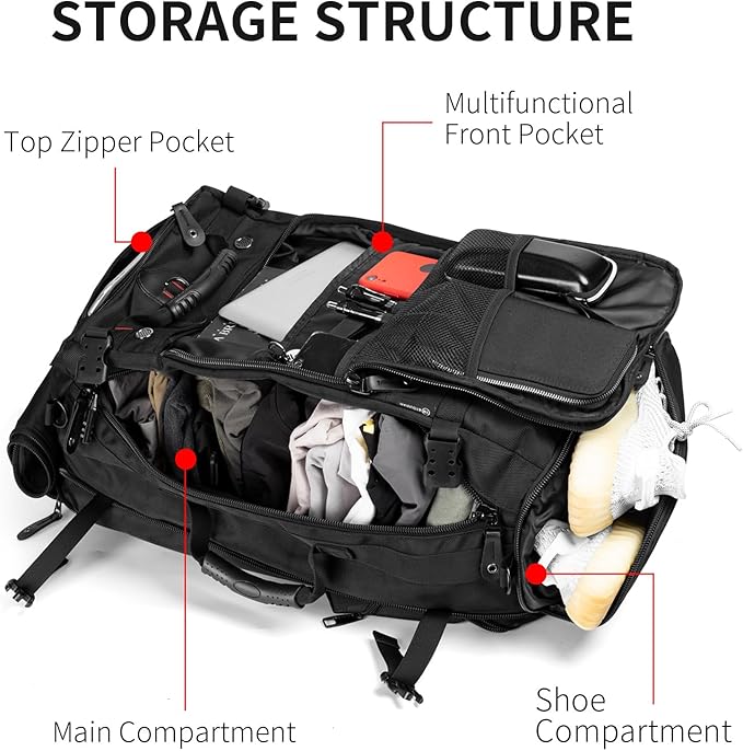 YOUMIAN Large Capacity For Travel Hiking Sports Carry On Backpack Durable Convertible Duffle Bag Laptop airplane (black, 60L-Large)