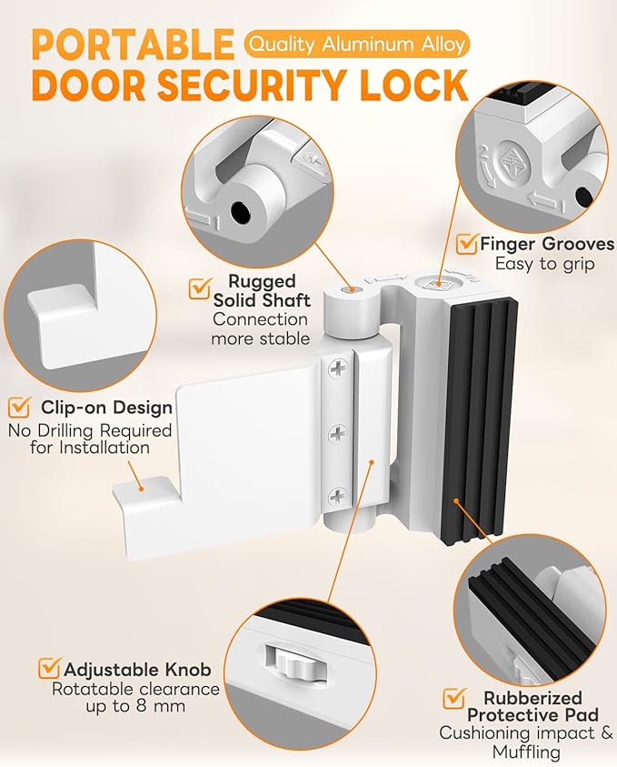 Portable Door Lock for Travel, Adjustable No Drilling Door Reinforcement Lock, Extra Latch Stopper for Hotel Room, Home Apartment, Inward Swing Door - Family & Travelers Security (White-1PC)