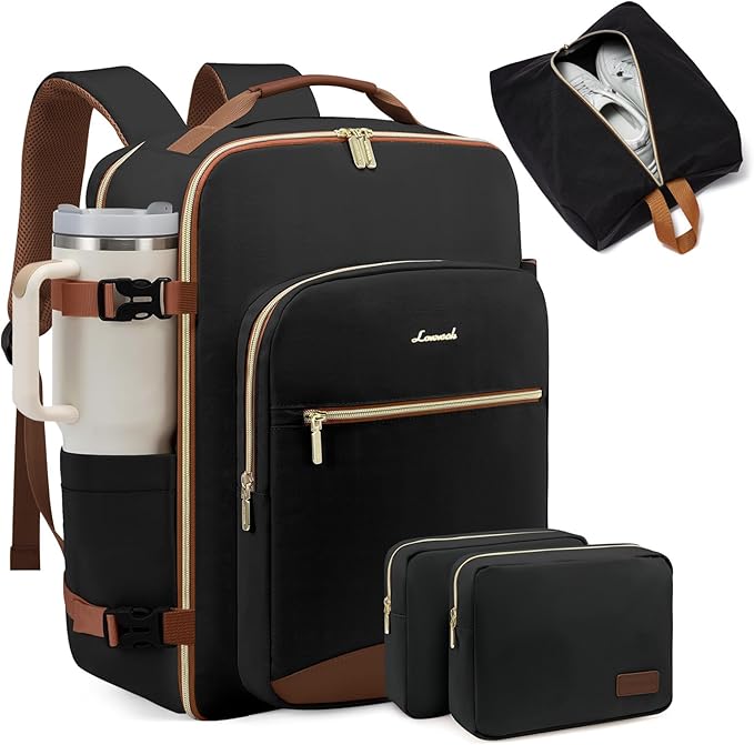 LOVEVOOK 40L Large Travel Backpack for Women Men, 17 Inch Carry on Backpack for Traveling on Airplane, Personal Item Bag Airline Approved, Business Causal Weekender Backpack, Black-Brown