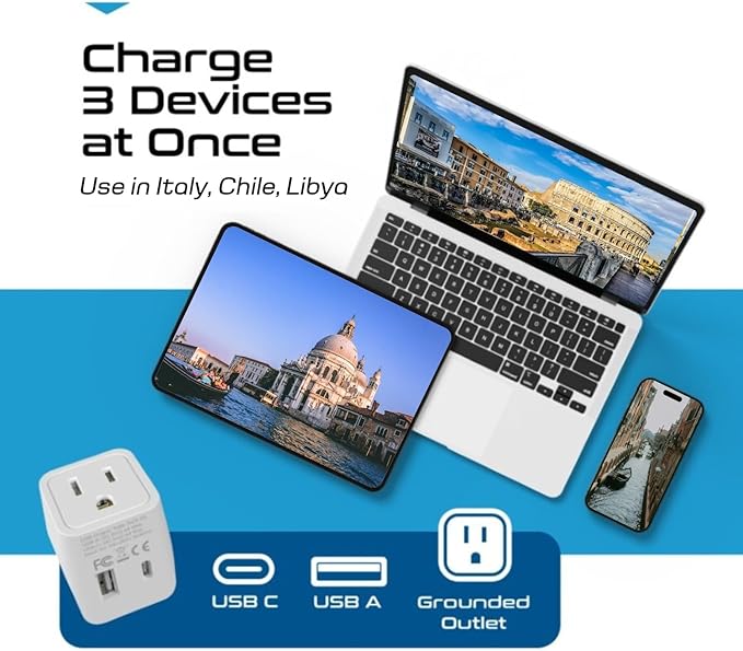 Ceptics Italy, Europe Travel Adapter Plug Set - 2 Pack - with 2 USB + USA Socket Input - Type L and Type C - Ultra Compact - Safe Grounded Perfect for Cell Phones, Laptops, Camera Chargers
