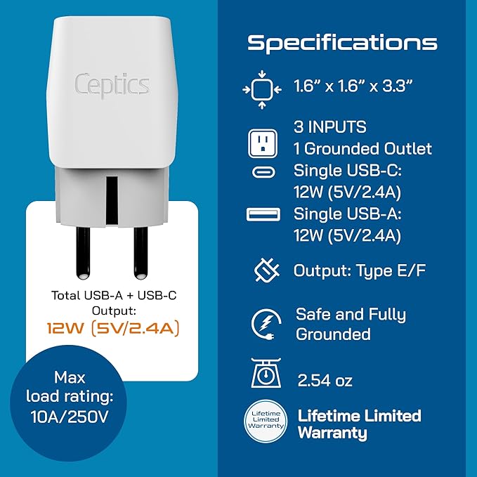 Ceptics Schuko, Germany, France, Spain Travel Adapter Plug with Dual USB - Usa Input Type E/F - Ultra Compact Perfect for Cell Phones, Laptop, Camera Chargers, iWatch, iPad, iPhone and More (CTU-9)