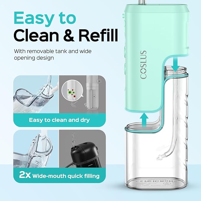 COSLUS T40 Mini Water Flosser for Travel: Portable Lightweight Design Cordless Oral Irrigator with Removable Tank & 4 Modes, IPX7 Waterproof for Braces, Sensitive Teeth Travelers & Family Use, Green