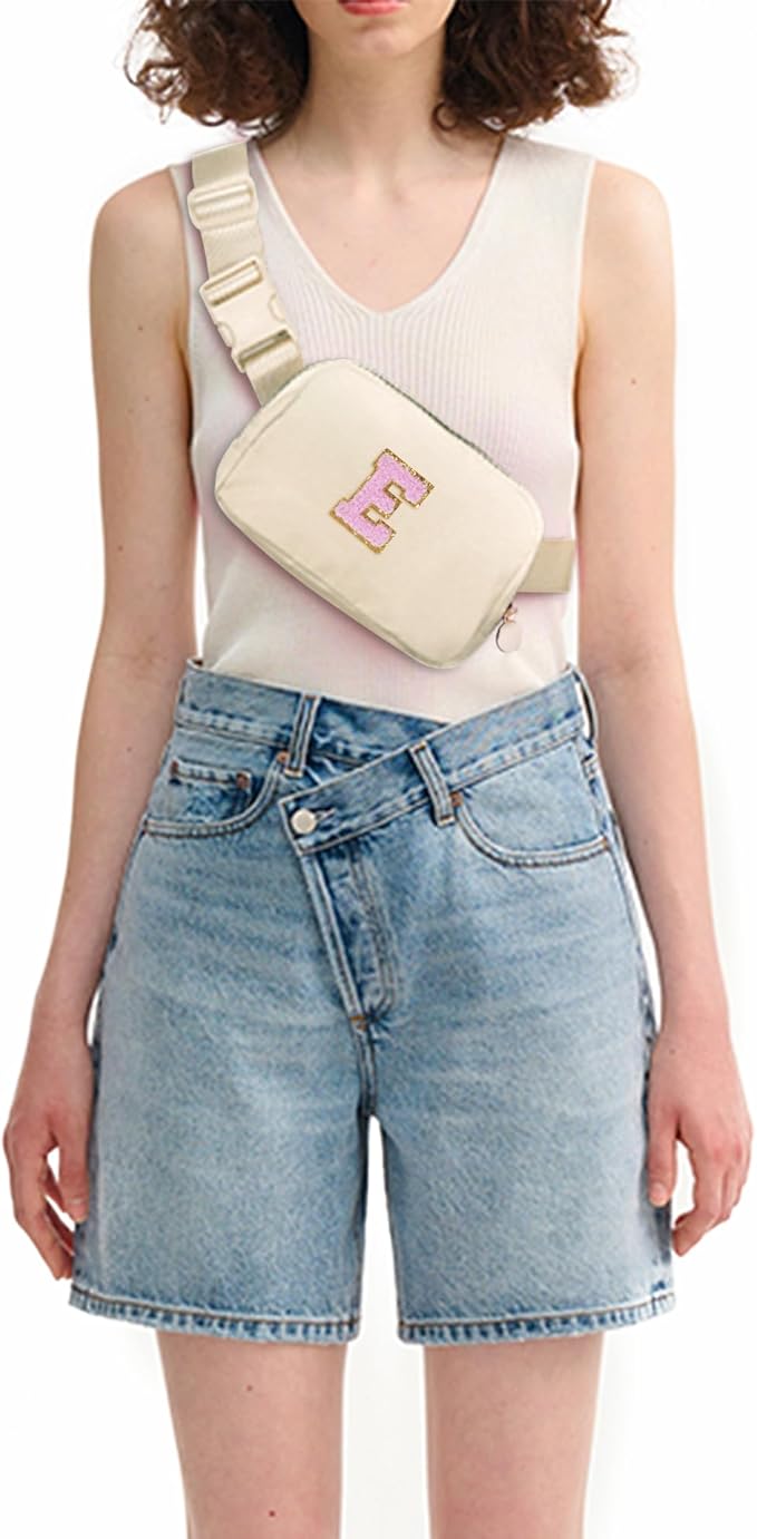 Uygafly Belt Bag Fanny Pack Crossbody Bags with Initials Letter Patch Cute Stuff Birthday Gifts for Teenager Girls Trendy Stuff for Teens | Khaki,E