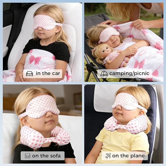 Travel Pillow with Detachable Flannel Blanket & Eye Mask – Plush Velvet Neck Support Pillow for Airplane,Car,Office Rest,Coordinated Digital Print Set (Pink Bow, 50in * 60 in)