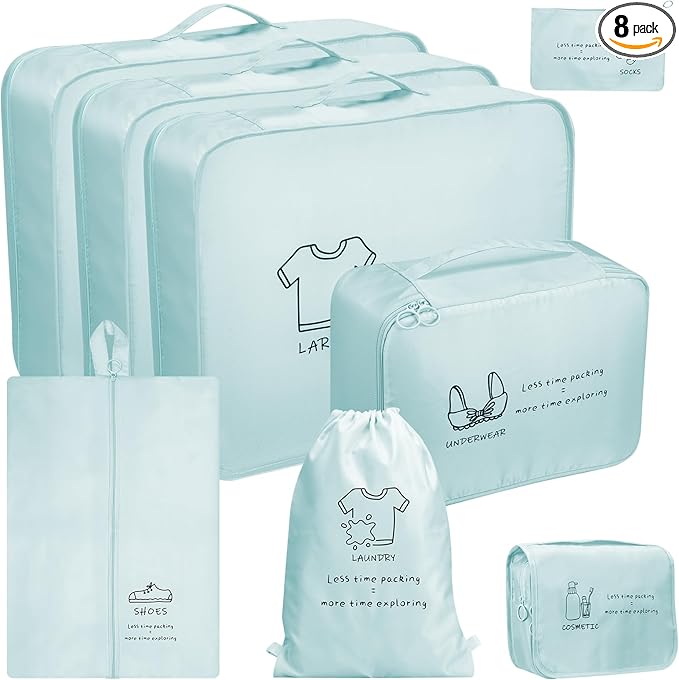 8 Set Travel Packing Organizers- Luggage Organizer for Suitcase Organization with Hanging Toiletry, Shoe & Laundry Bags, Packing Cubes for Travel Essentials, Cute Gifts for Women, Lake Blue