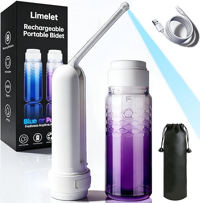 Portable Bidet for Travel & Postpartum Care - 320ML Handheld Peri Bottle with 3 Pressure Settings & 800mAh Battery, IPX6 Waterproof for Women Hygiene and Outdoor Use (Purple, 320ml)