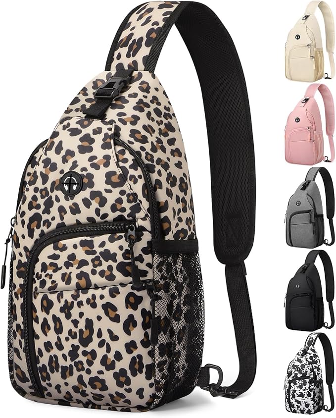 Pritent Crossbody Bags for Women Man Waterproof Sling Bag Backpack Trendy Casual Cross Body Bag with Convertible Shoulder Strap Chest Bag for Camping Hiking Travel Essentials (Leopard, Large )