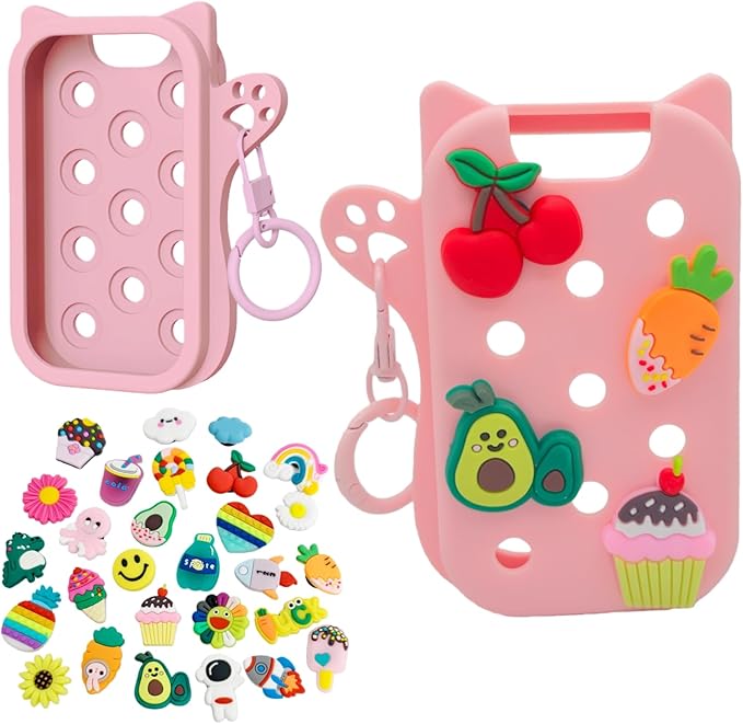 Hand Sanitizer Case with 30 Charms for Touchland, Compatible with Power Mist 1 FL Oz/30ML, Croc-Style Touchland Holder (Cute Pink Food Charms)