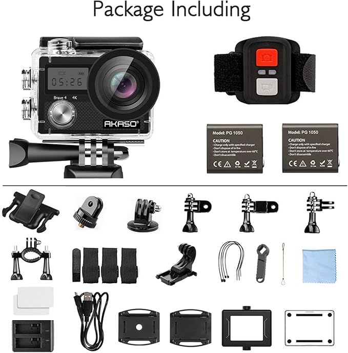 AKASO Brave 4 Action Camera 4K 30fps Ultra HD WiFi Sport Cameras with 170° FOV, Image Stabilization, 131FT Waterproof Underwater Camera with 2x1050mAh Batteries, Helmet Accessories Kit