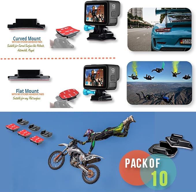 Helmet Mount Adhesive Sticky Pads for GoPro Hero 13 12 11 10 9 8 MAX Go Pro 7 6 5 4 3 2 1 Session Insta 360 DJI Osmo Campark SJCAM AKASO Action Cameras Buckle Mounts Adapter Accessories Mounting Kit