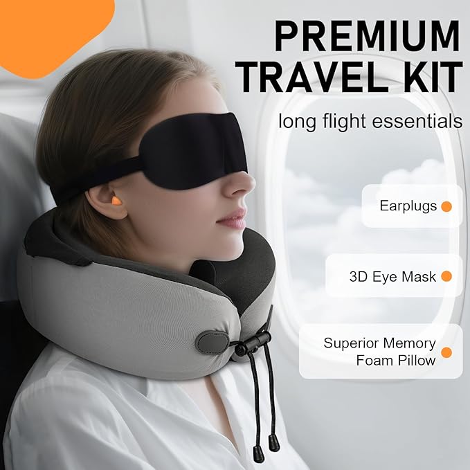 Neck Pillow for Travel - Hooded Memory Foam Plane Pillow for Airplane, Office, Cars Sleeping, Long Flights, Portable Plane Accessories, Includes Eye Mask & Earplugs, Pink