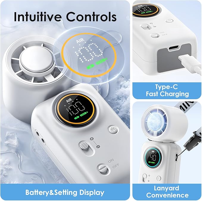 FurBall 4-IN-1 Portable Handheld Fan with Ice Cooling, High-speed Turbo Power 100 Gear Adjustable, LED Display, 6000mAh Rechargeable Battery, Foldable & Quiet Personal Fan for Travel, Office, Outdoor