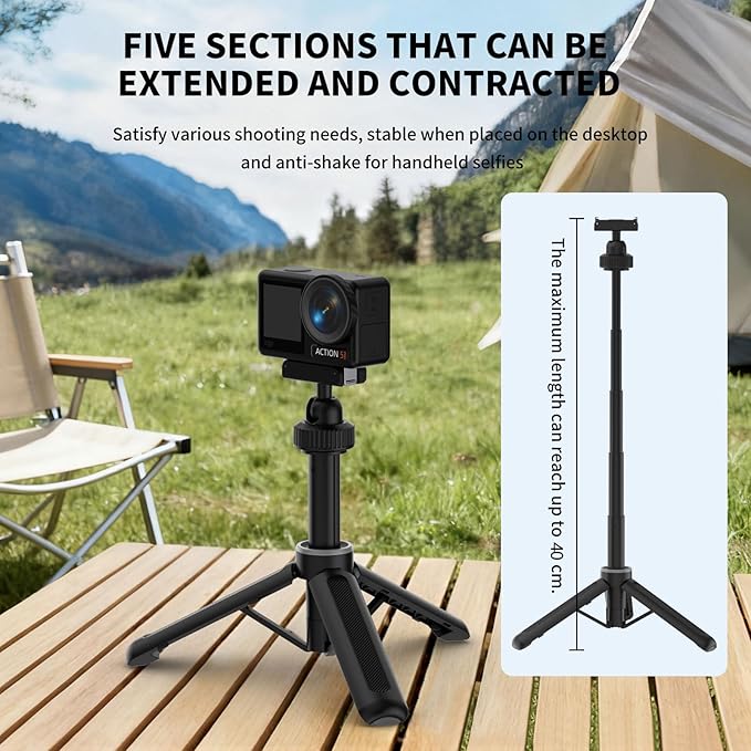 Magnetic Quick Release Extension Rod Compatible with DJI Osmo Action 5 Pro/4/3/360, Extendable Selfie Stick Tripod, Black, Portable Vlog Monopod with Non-Slip Grip