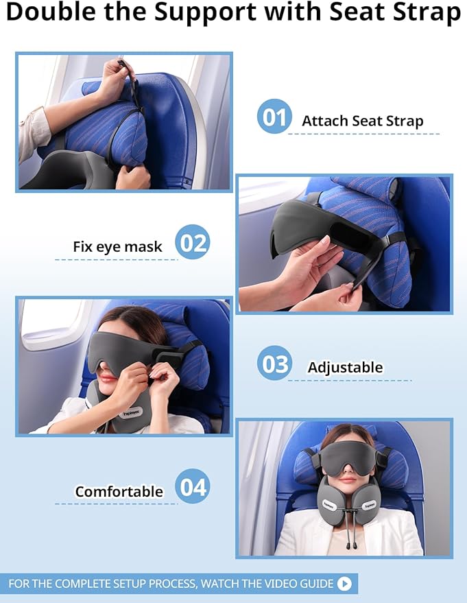 Inspireyes Neck Pillow, Travel Pillow with Seat Strap, 3D Sleep Mask, Dual Support Neck Head, High Supportive Foam Airplane Pillow for Long Flight Road Trip, Stop Bobblehead Travel Essential, Beige