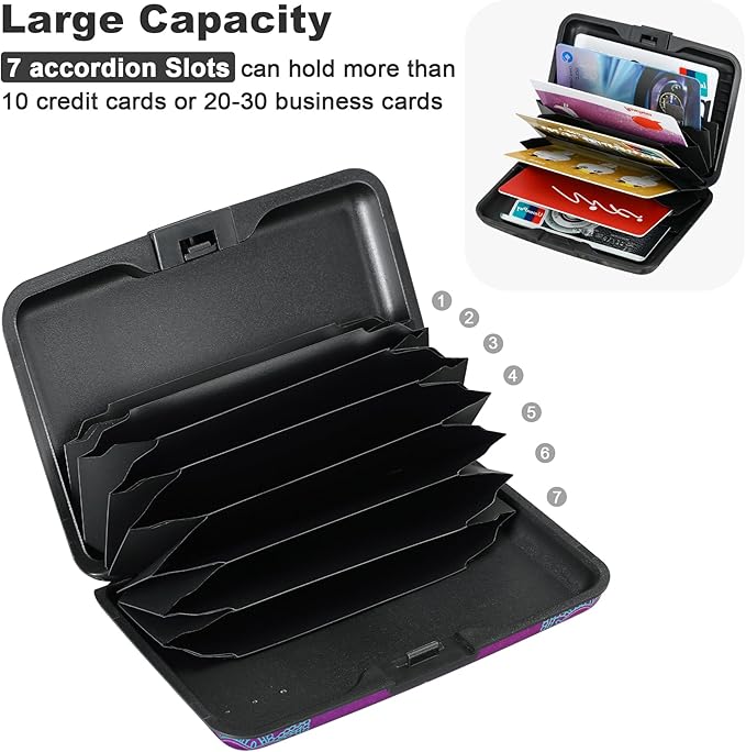 ELFISH Mini RFID Aluminum Wallet Credit Cards Holder Business Card Case Metal ID Case for Men Women (Purple flower)